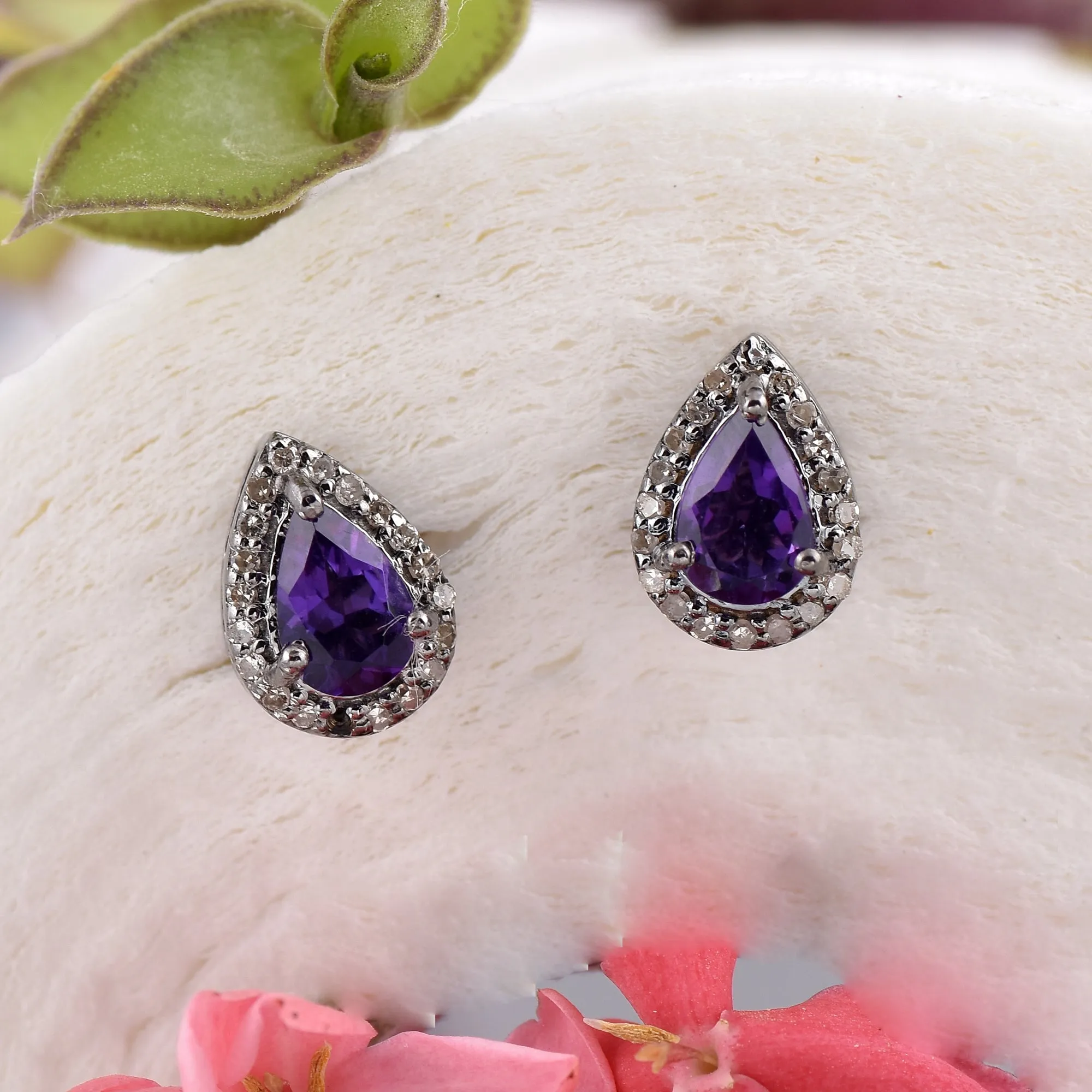 Pear-Shaped Amethyst Stud Earrings with Diamond Halo
