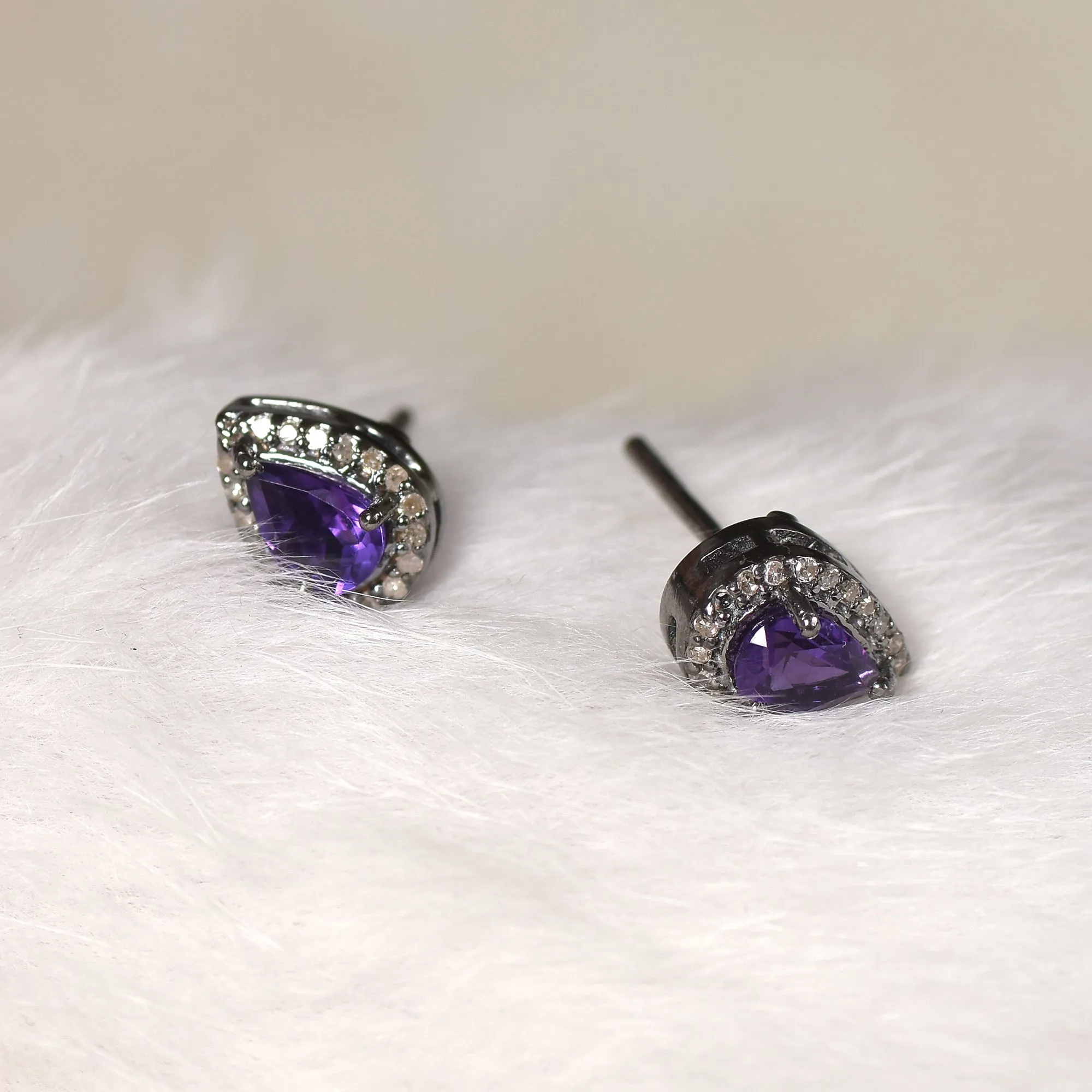 Pear-Shaped Amethyst Stud Earrings with Diamond Halo