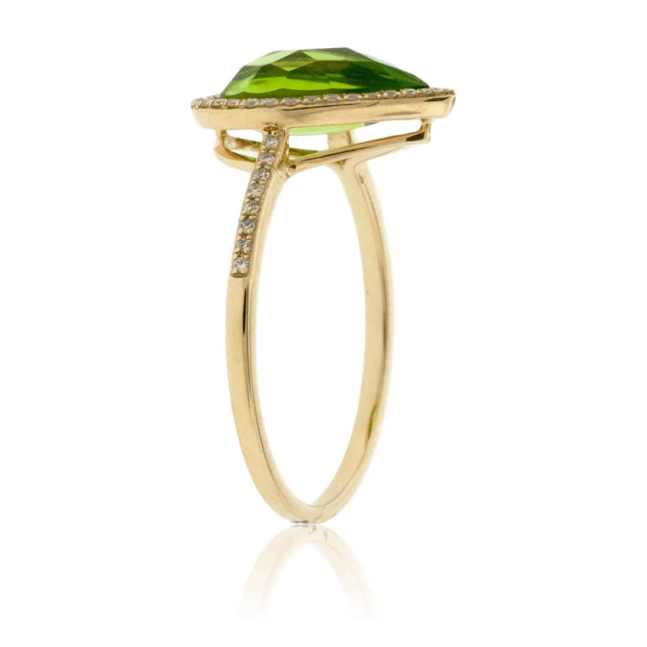 Pear Shaped Peridot with Diamond Halo on Diamond Accented Band