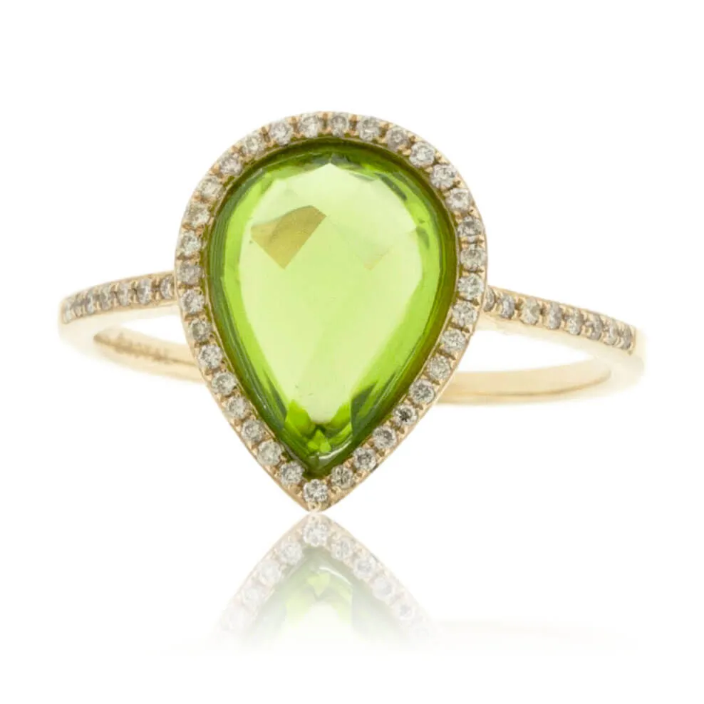 Pear Shaped Peridot with Diamond Halo on Diamond Accented Band