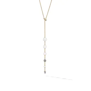 Pearl and Pave Y Necklace in 18K Yellow Gold with Diamonds