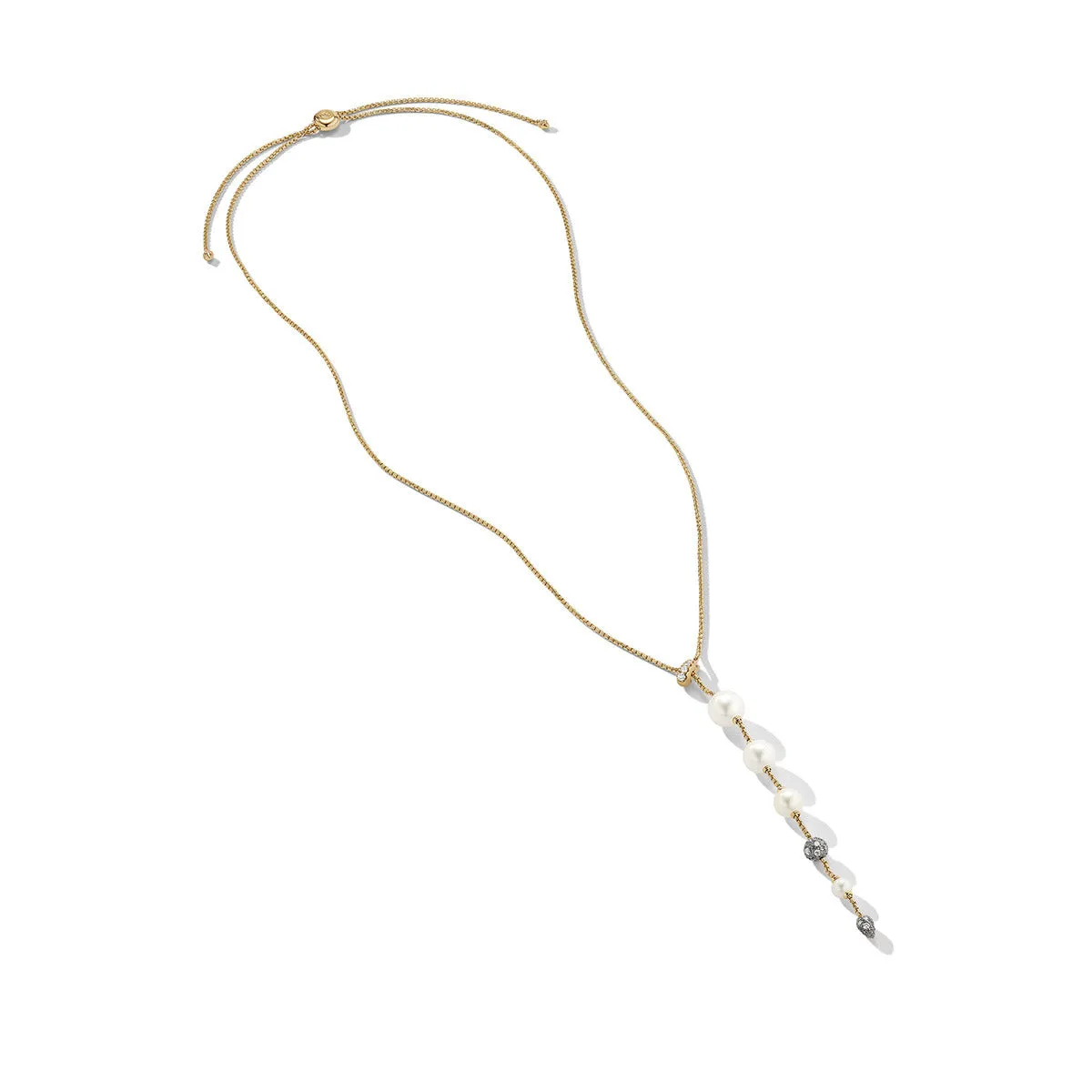 Pearl and Pave Y Necklace in 18K Yellow Gold with Diamonds