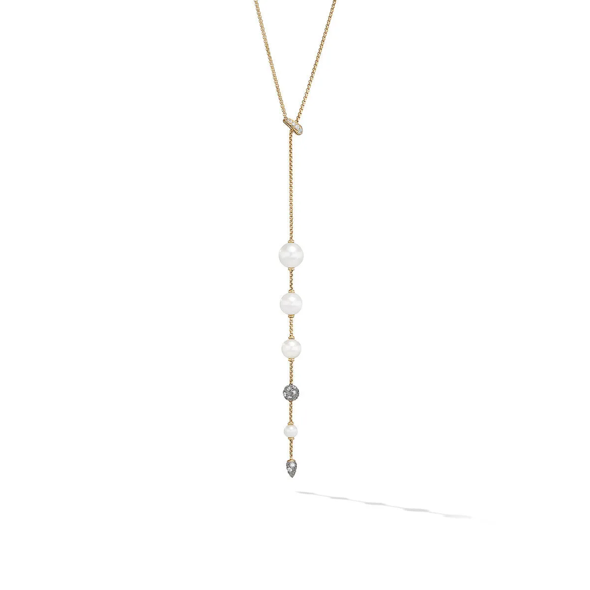 Pearl and Pave Y Necklace in 18K Yellow Gold with Diamonds
