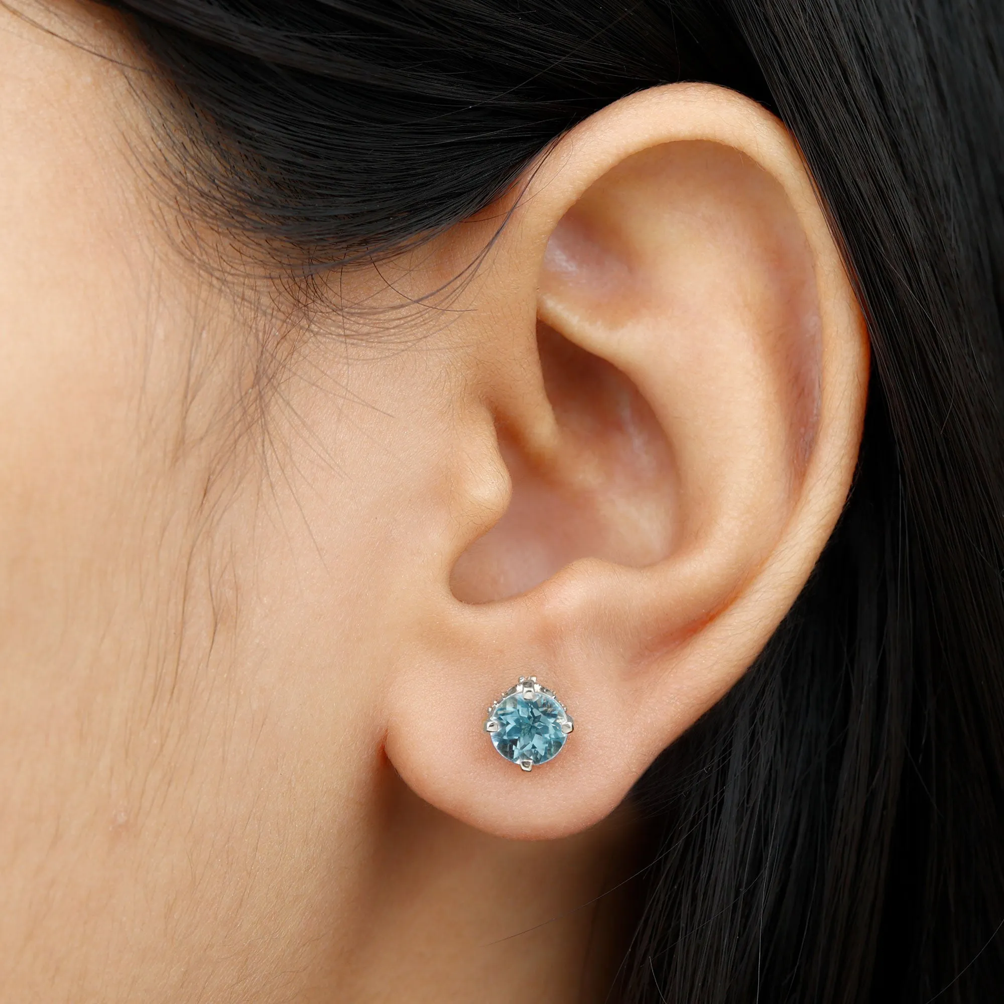 Peg Head Set Sky Blue Topaz and Diamond Solitaire Stud Earrings