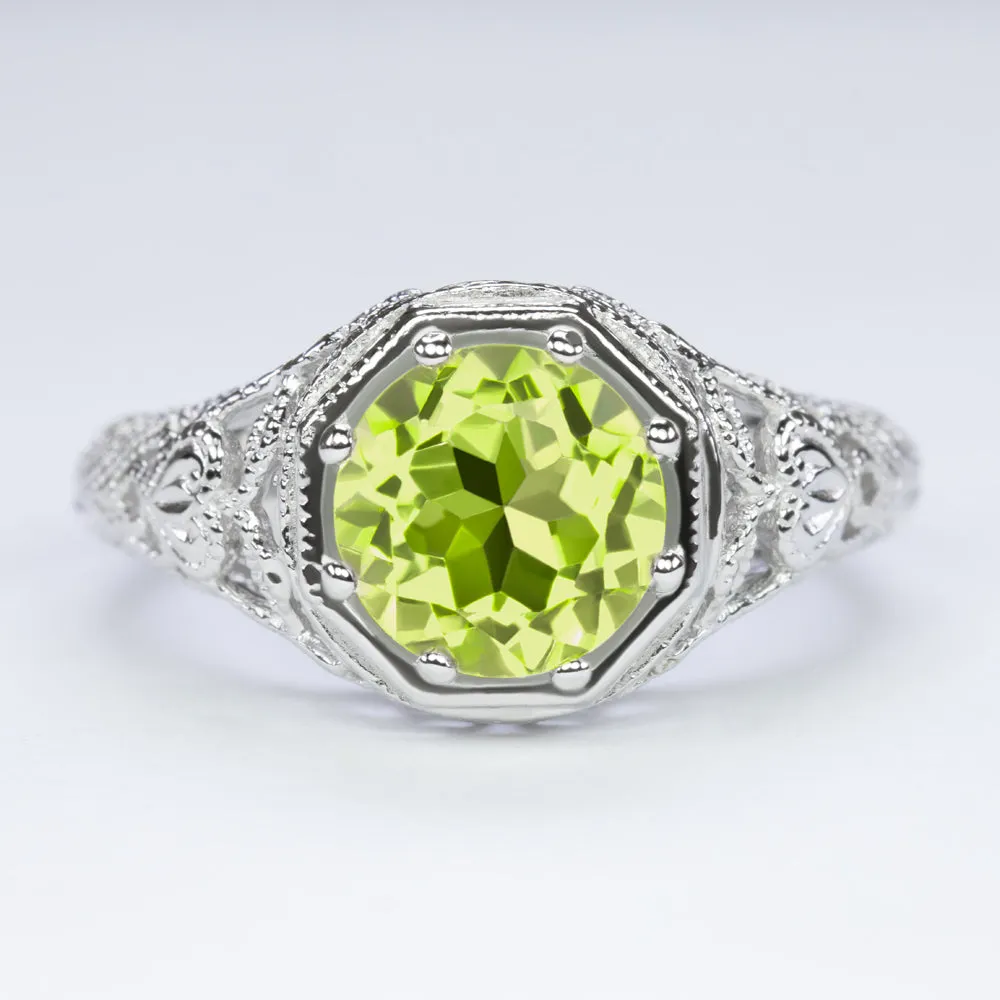 PERIDOT STERLING SILVER RING VINTAGE STYLE ART DECO FILIGREE SOLITAIRE ROUND CUT