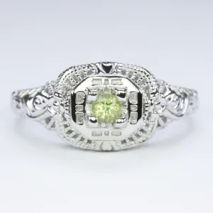 PERIDOT STERLING SILVER VINTAGE STYLE COCKTAIL RING FILIGREE DAINTY ROUND GREEN
