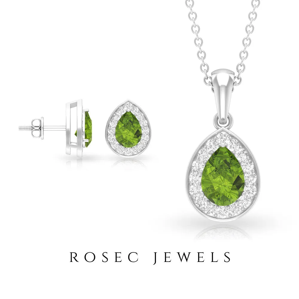 Peridot Teardrop Jewelry Set with Moissanite Halo