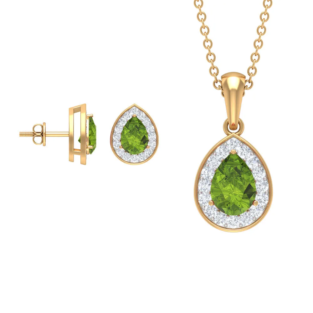 Peridot Teardrop Jewelry Set with Moissanite Halo