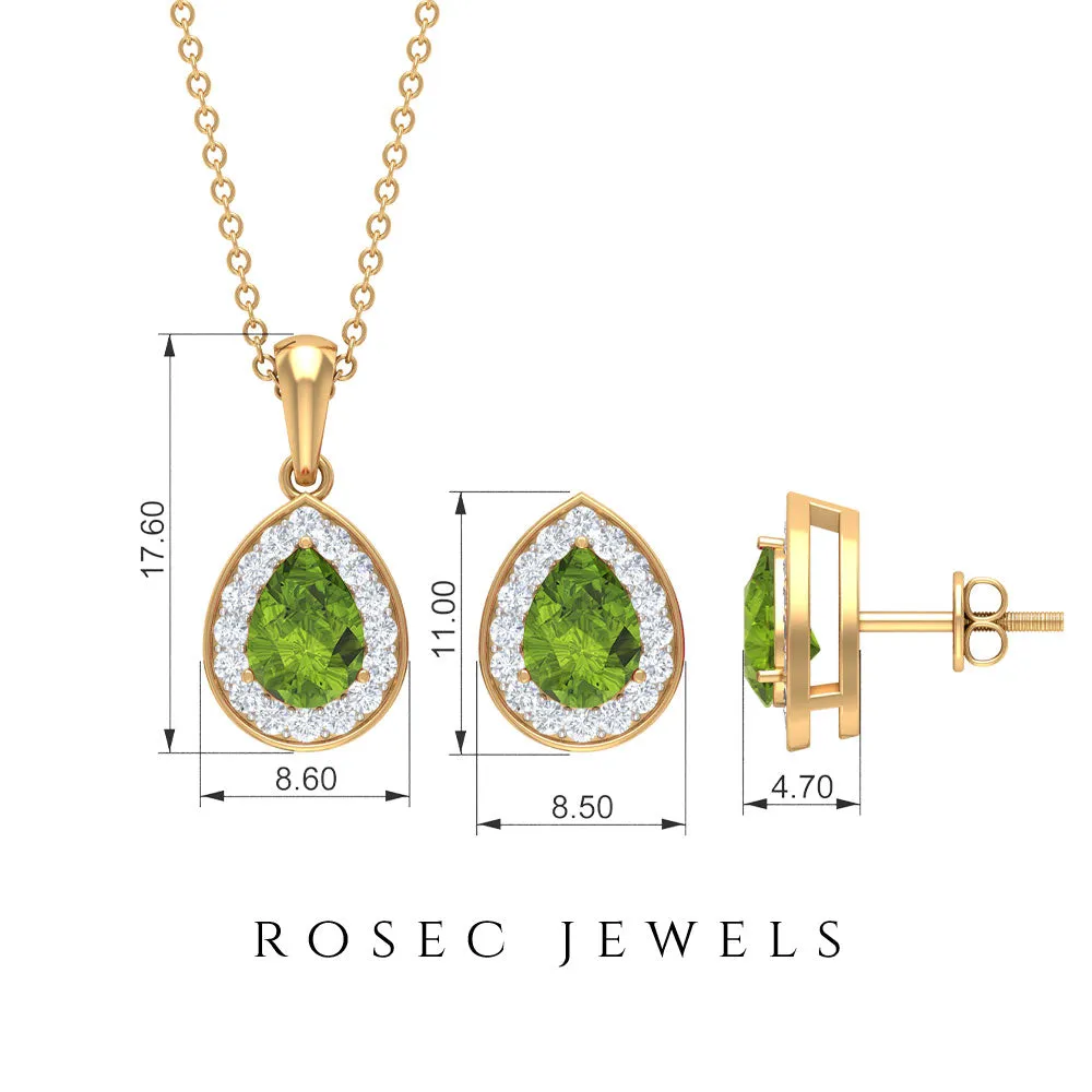 Peridot Teardrop Jewelry Set with Moissanite Halo