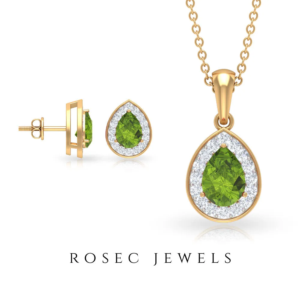 Peridot Teardrop Jewelry Set with Moissanite Halo