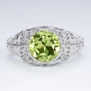 PERIDOT VINTAGE STYLE SOLITAIRE RING STERLING SILVER FILIGREE ART DECO ROUND CUT