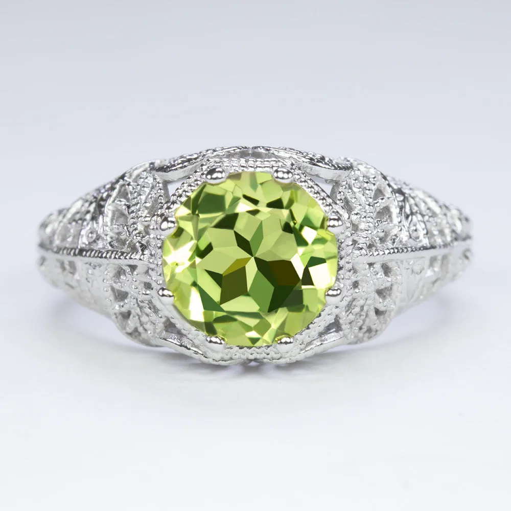 PERIDOT VINTAGE STYLE SOLITAIRE RING STERLING SILVER FILIGREE ART DECO ROUND CUT