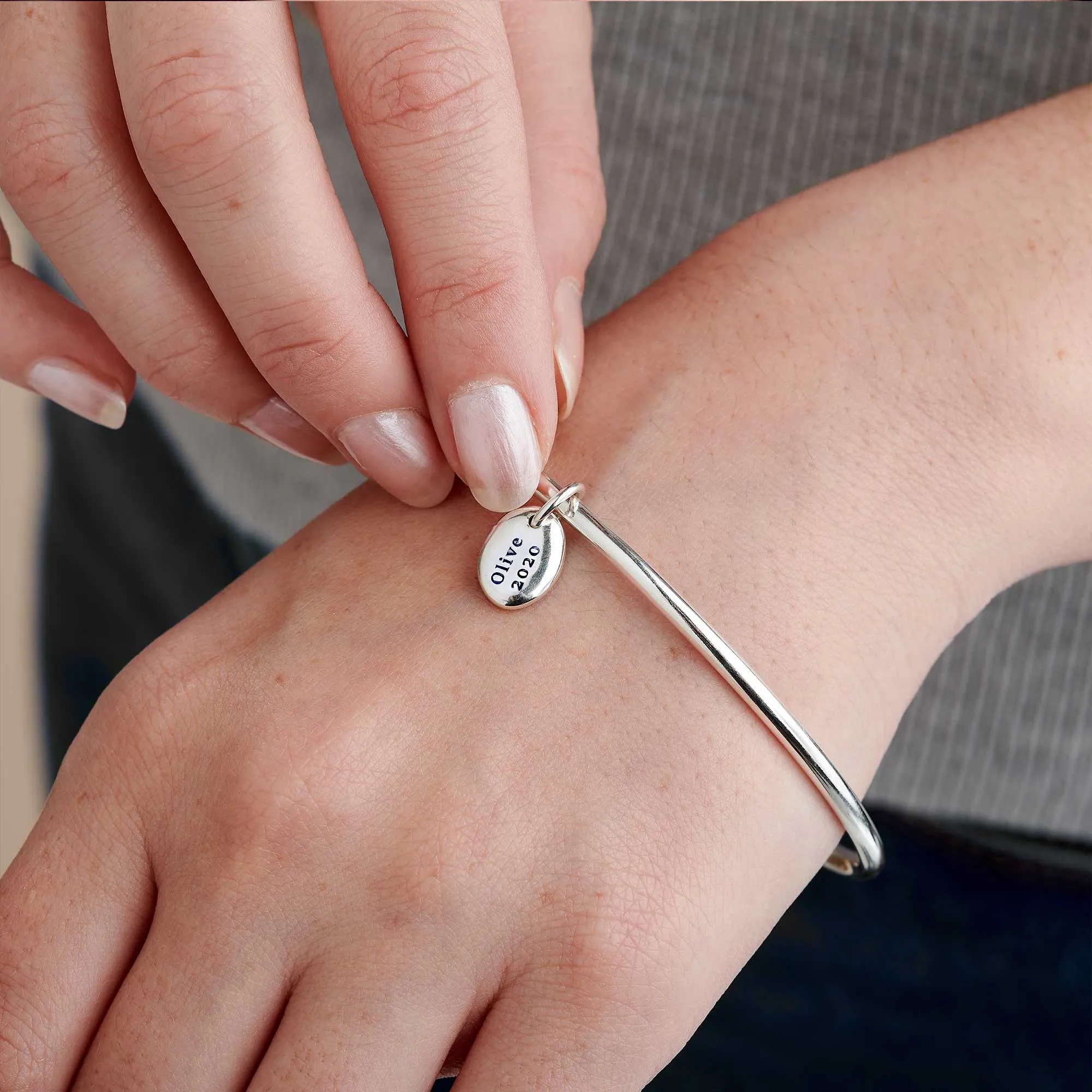 Personalised Pebble Silver Charm Bangle