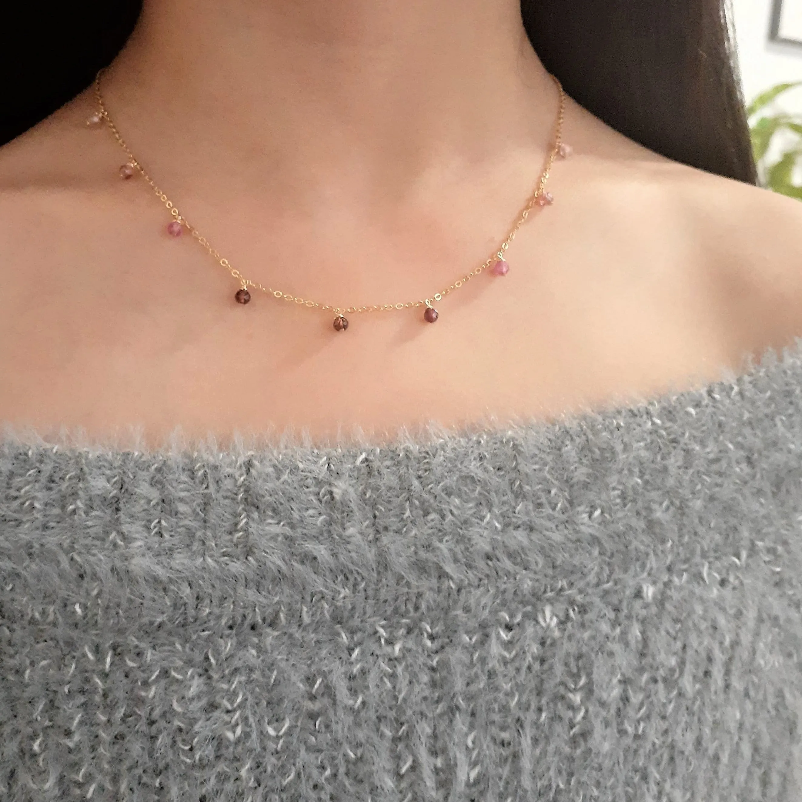 Pink Tourmaline Ombre Drop Choker Necklace