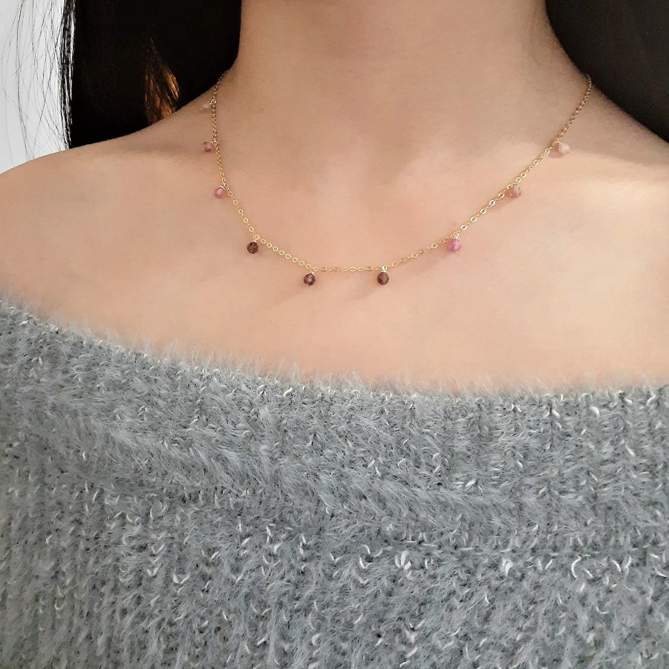 Pink Tourmaline Ombre Drop Choker Necklace