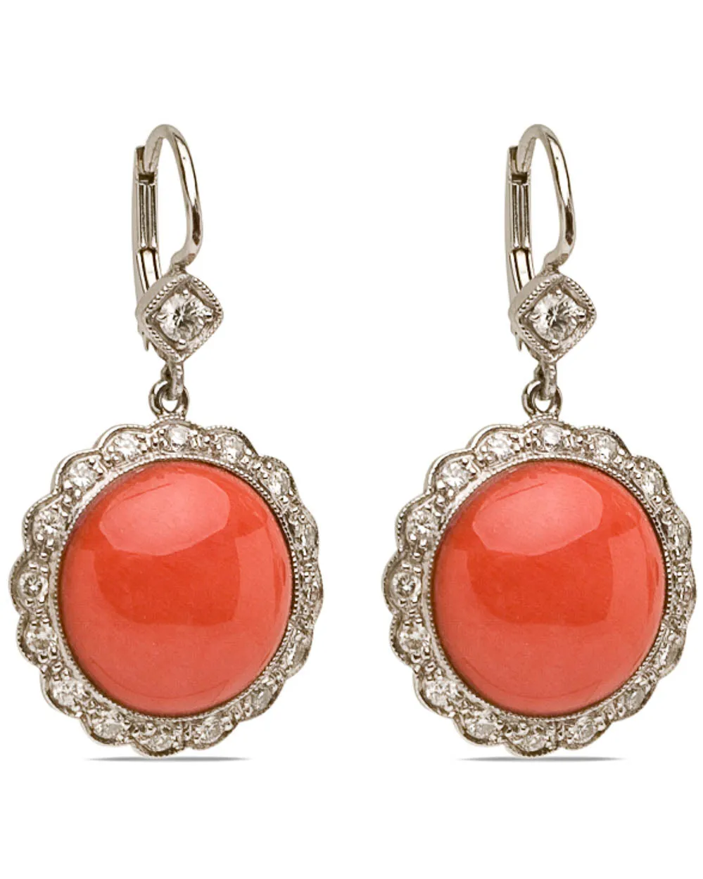 Platinum Coral and Diamond Flower Drop Earrings