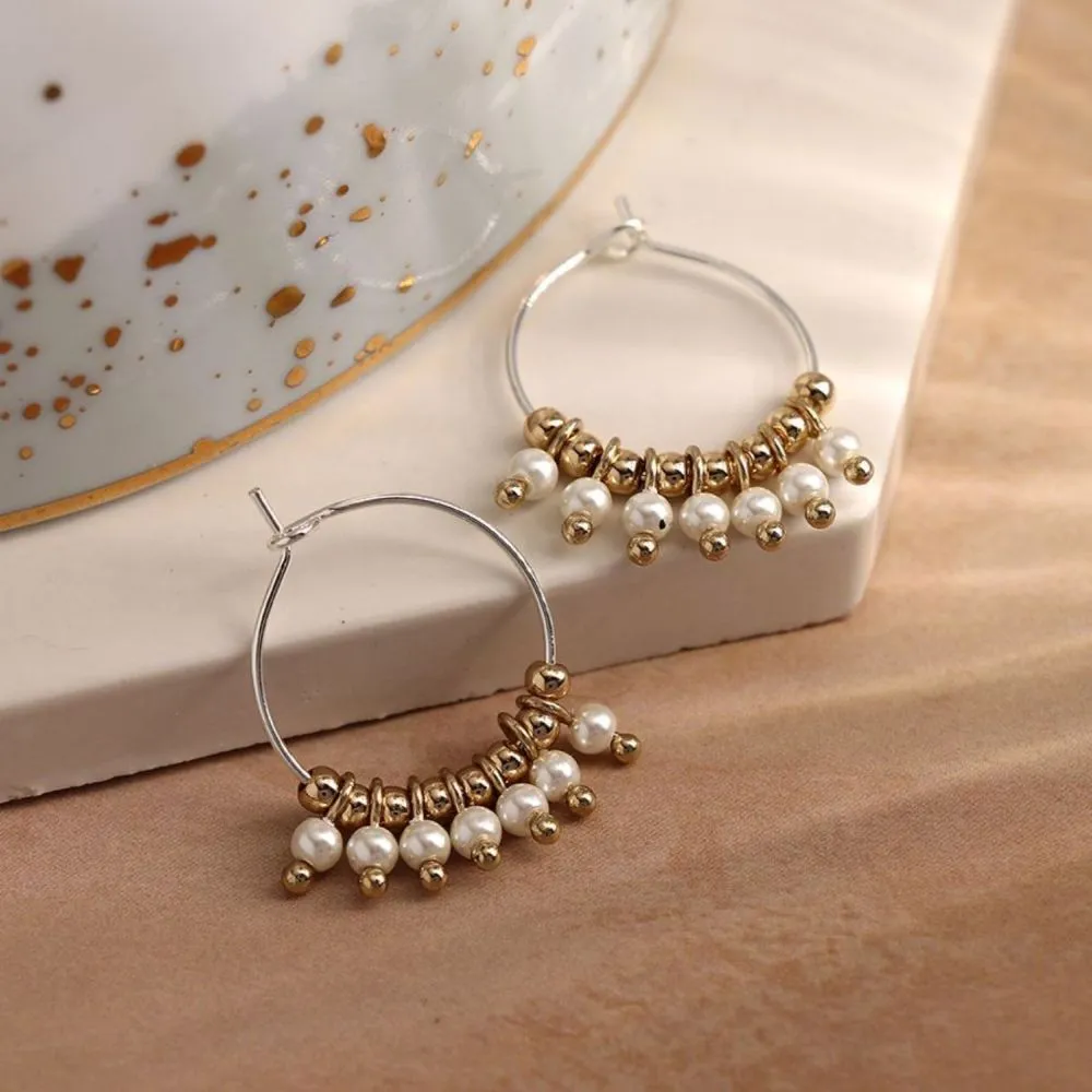 POM Silver Plated Wire Hoop, Pearl and Golden Bead Earrings