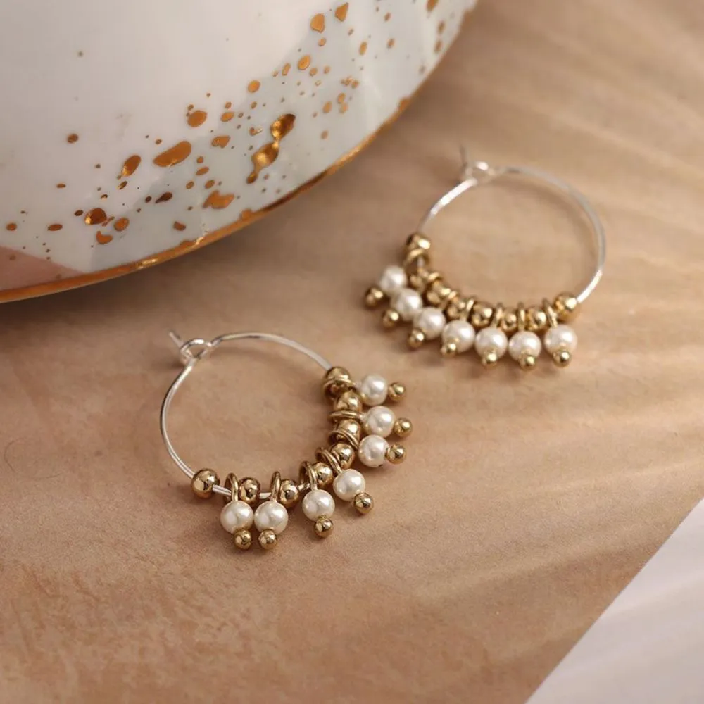 POM Silver Plated Wire Hoop, Pearl and Golden Bead Earrings