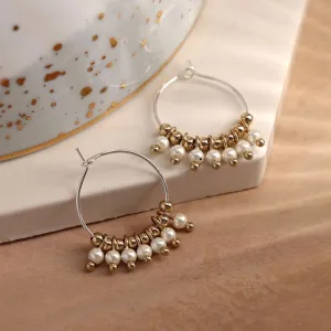 POM Silver Plated Wire Hoop, Pearl and Golden Bead Earrings