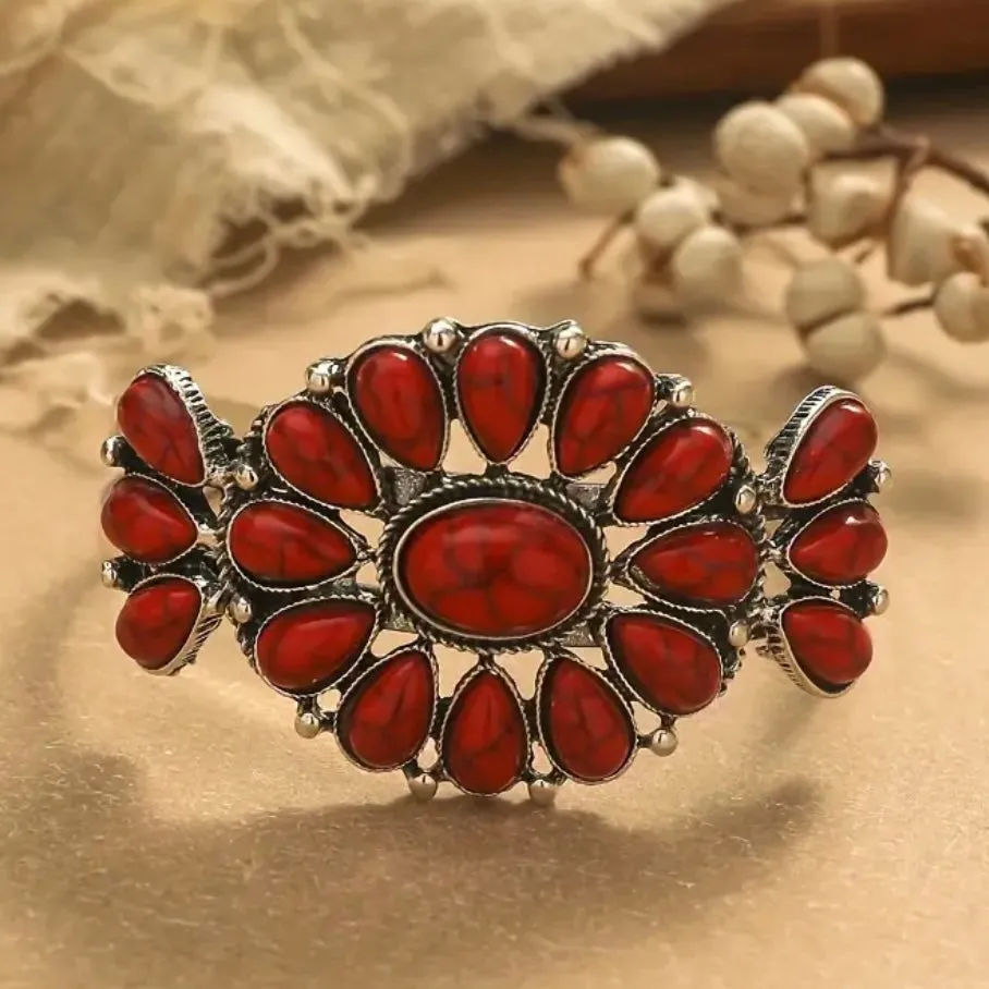 Red Concho Southwest Adjustable Cuff Bracelet Womens Casual Western Accessory