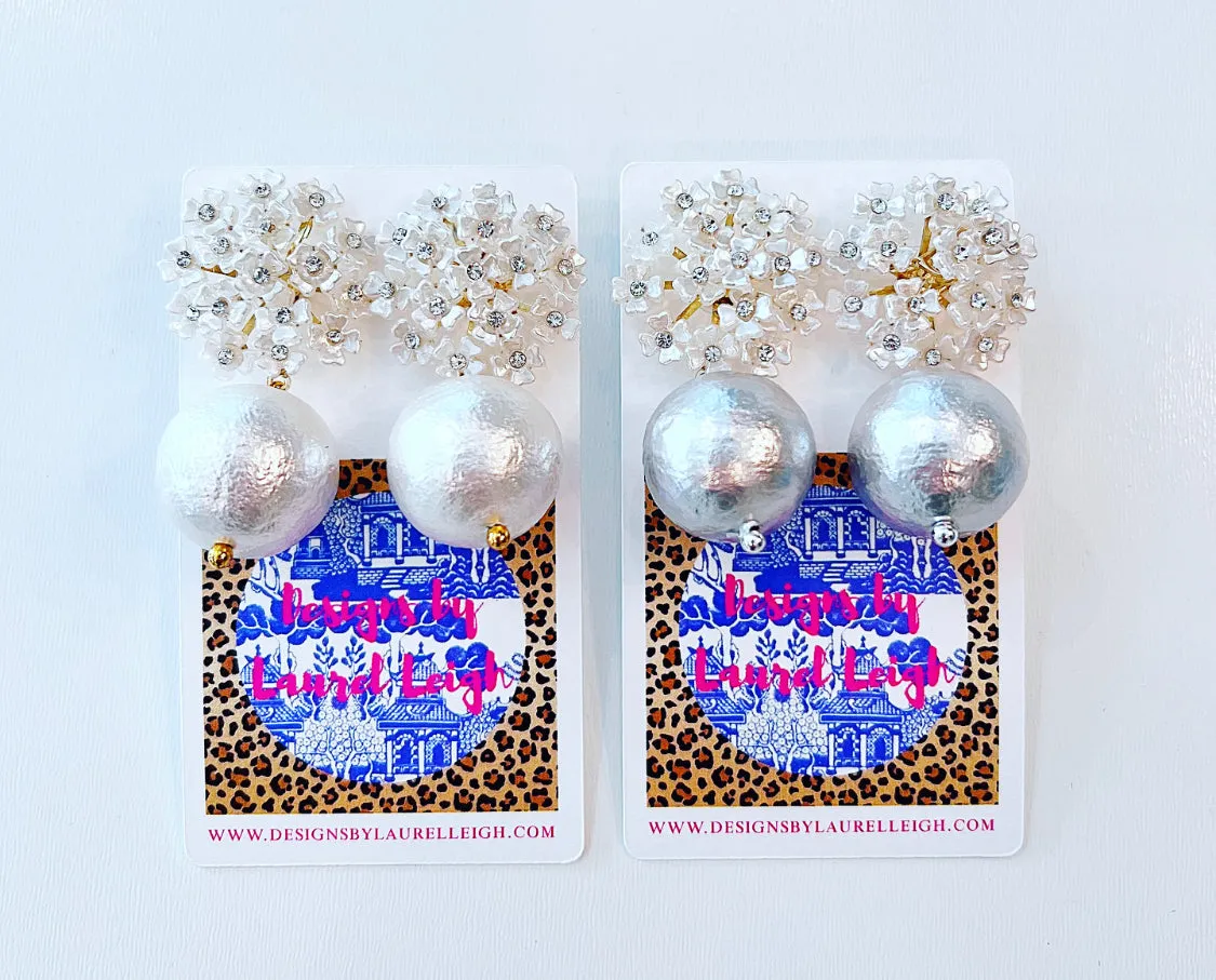 Rhinestone Hydrangea Blossom Pearl Drop Earrings