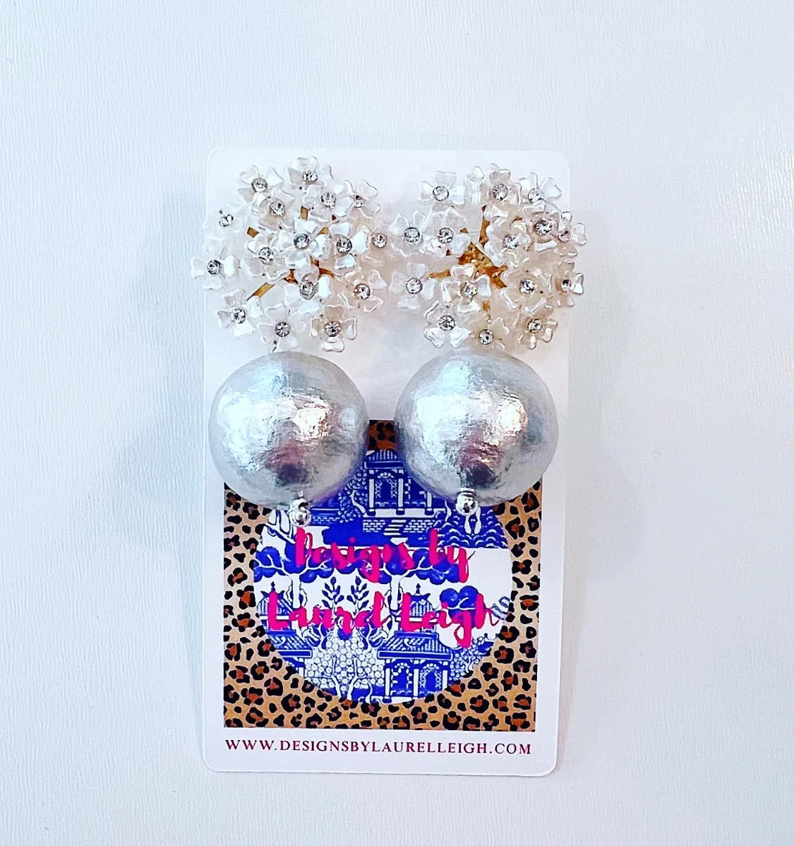 Rhinestone Hydrangea Blossom Pearl Drop Earrings