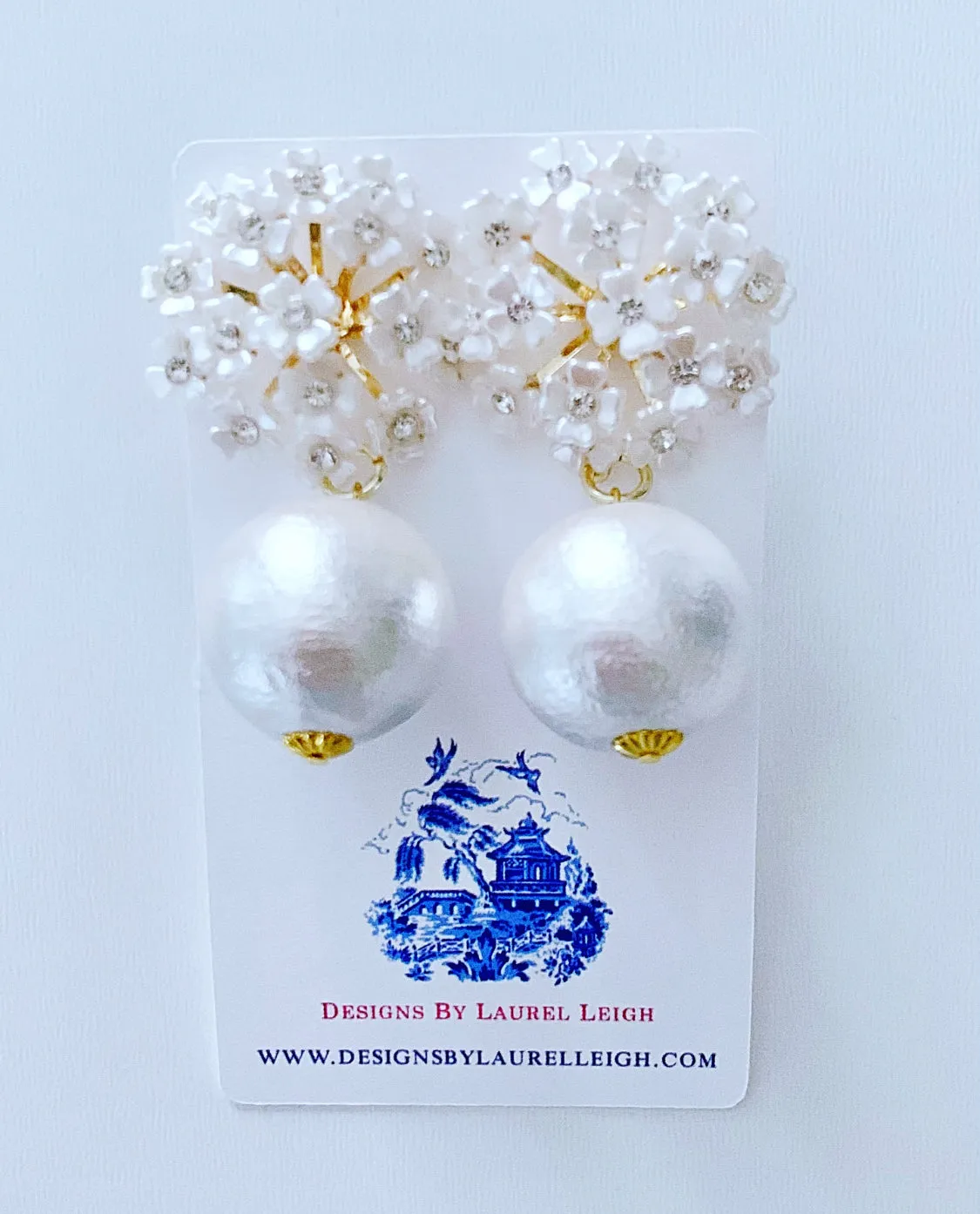 Rhinestone Hydrangea Blossom Pearl Drop Earrings