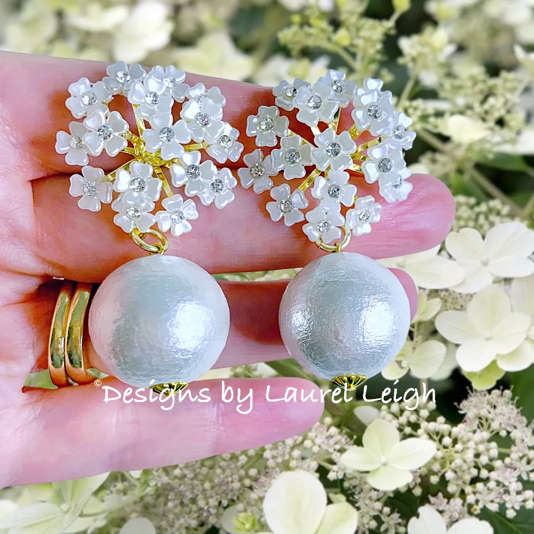 Rhinestone Hydrangea Blossom Pearl Drop Earrings