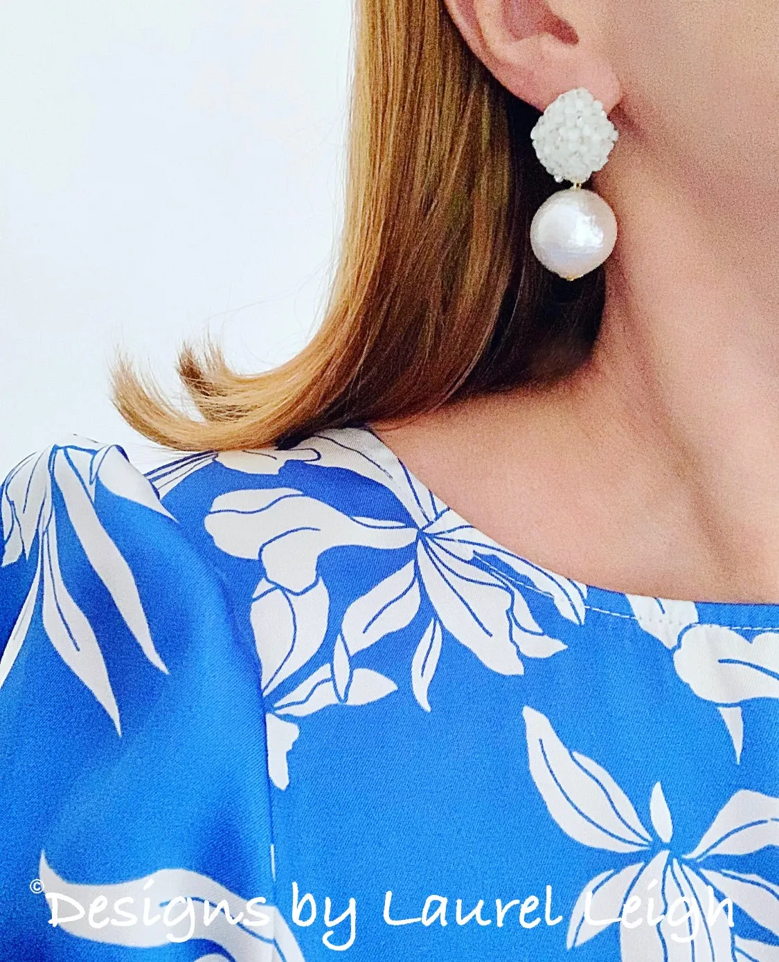 Rhinestone Hydrangea Blossom Pearl Drop Earrings