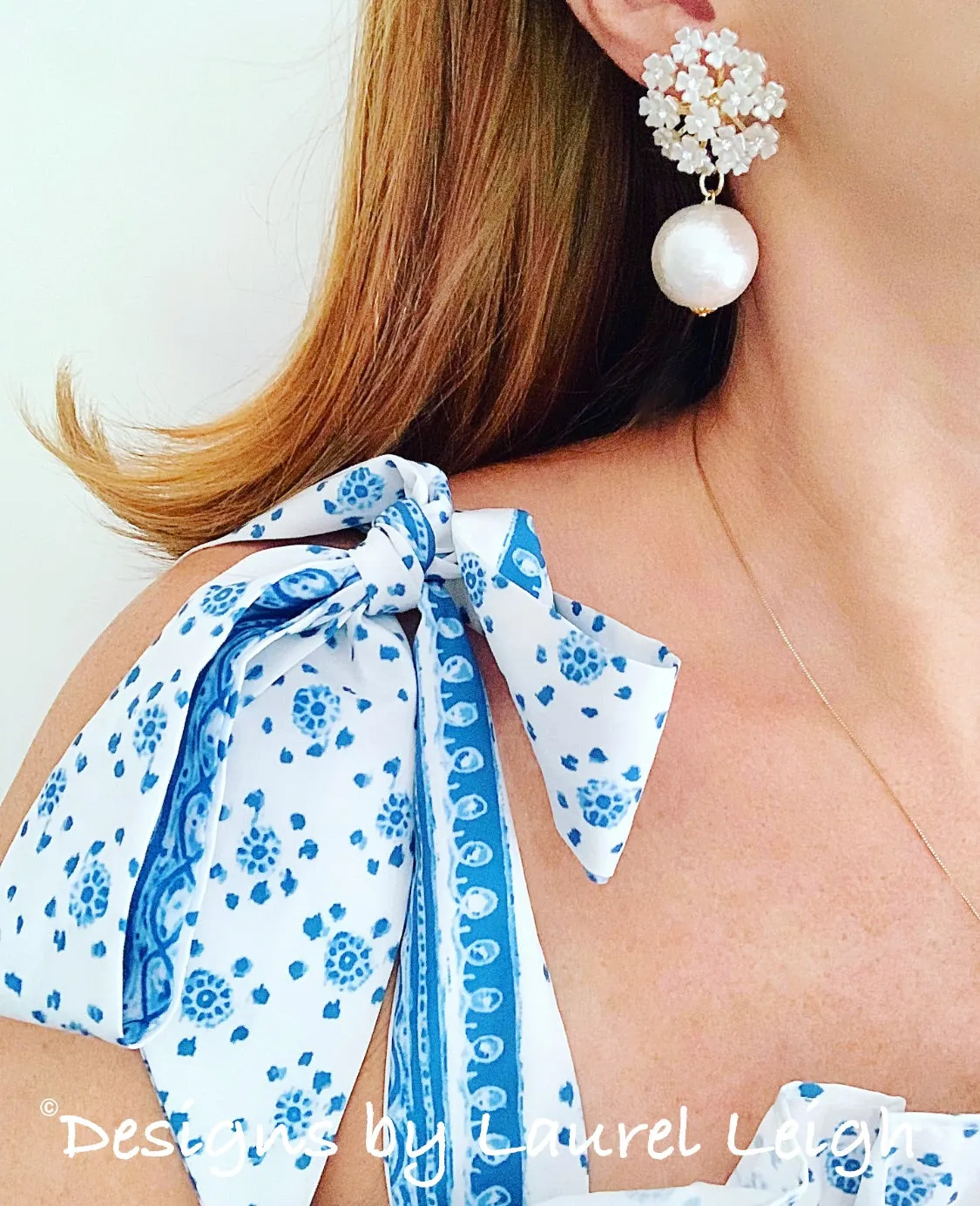 Rhinestone Hydrangea Blossom Pearl Drop Earrings