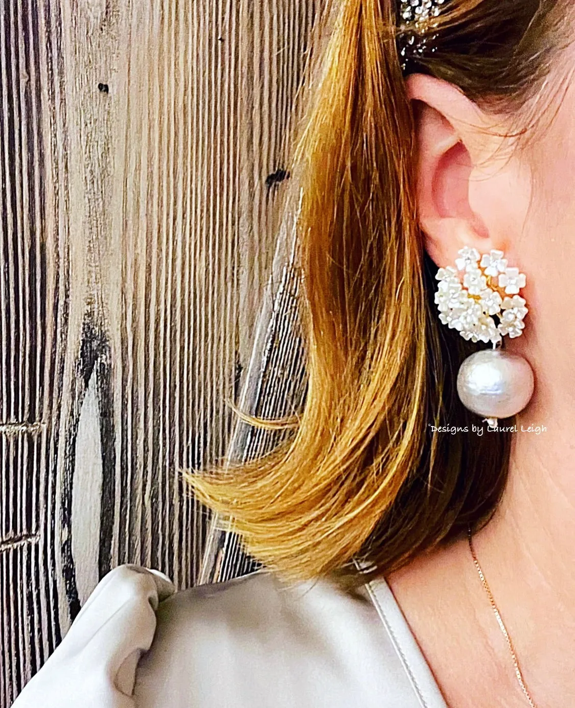 Rhinestone Hydrangea Blossom Pearl Drop Earrings
