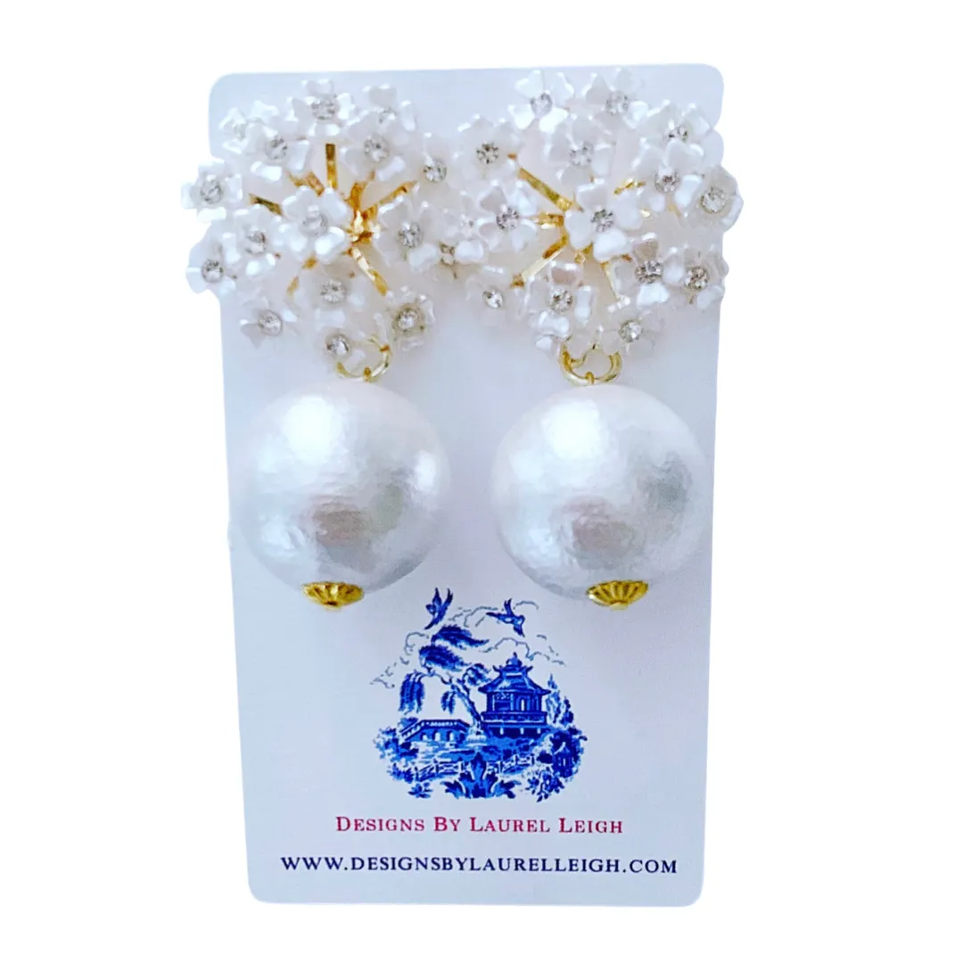 Rhinestone Hydrangea Blossom Pearl Drop Earrings