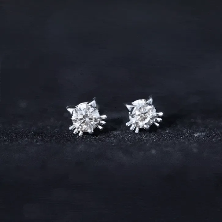 Round Real Diamond Cat Stud Earrings