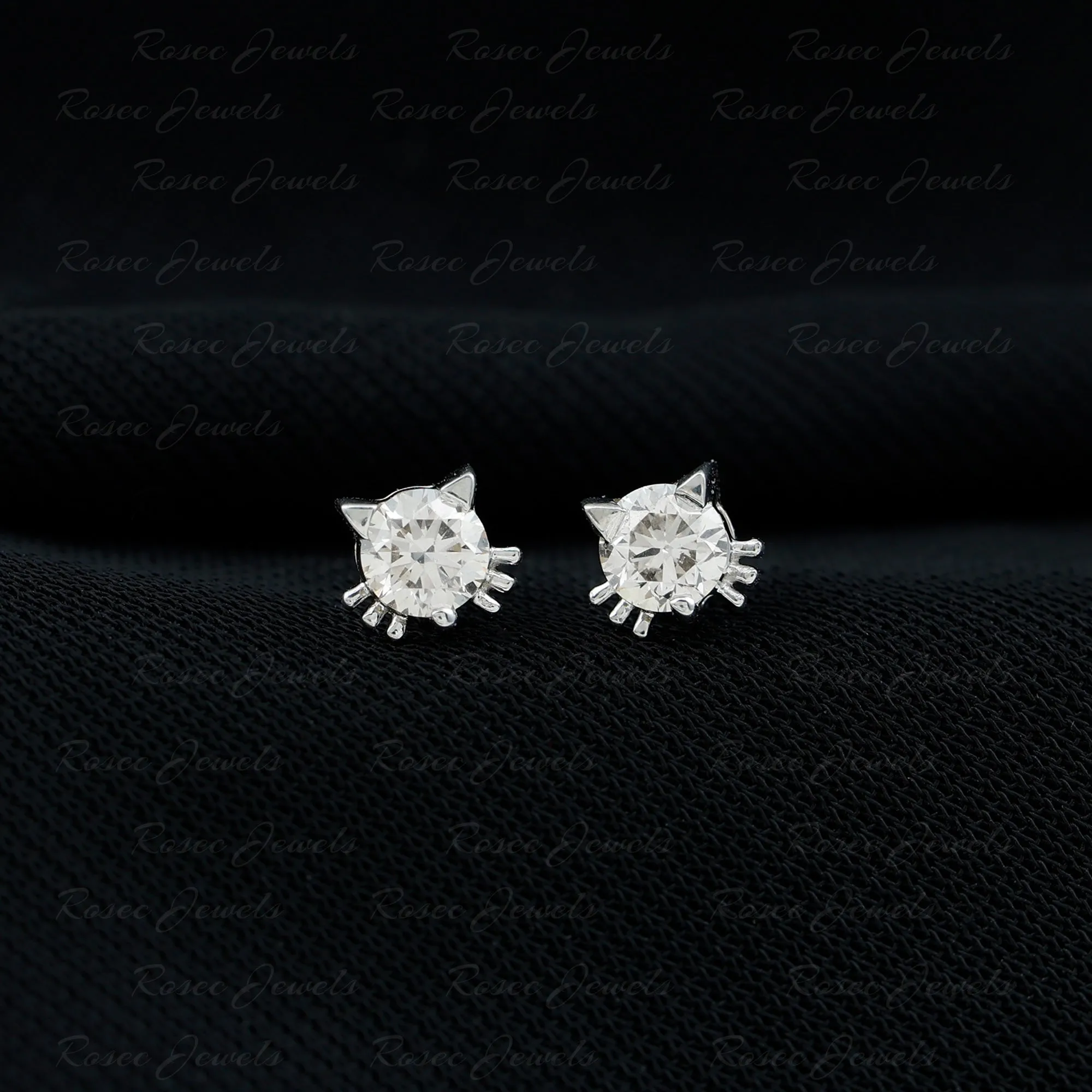 Round Real Diamond Cat Stud Earrings