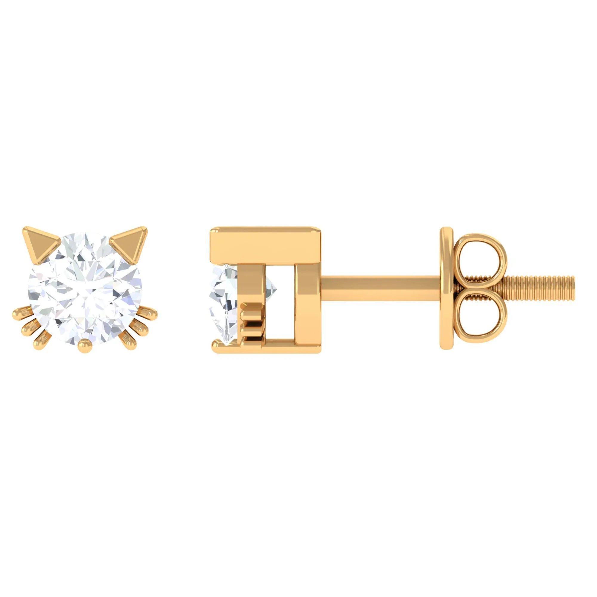 Round Real Diamond Cat Stud Earrings
