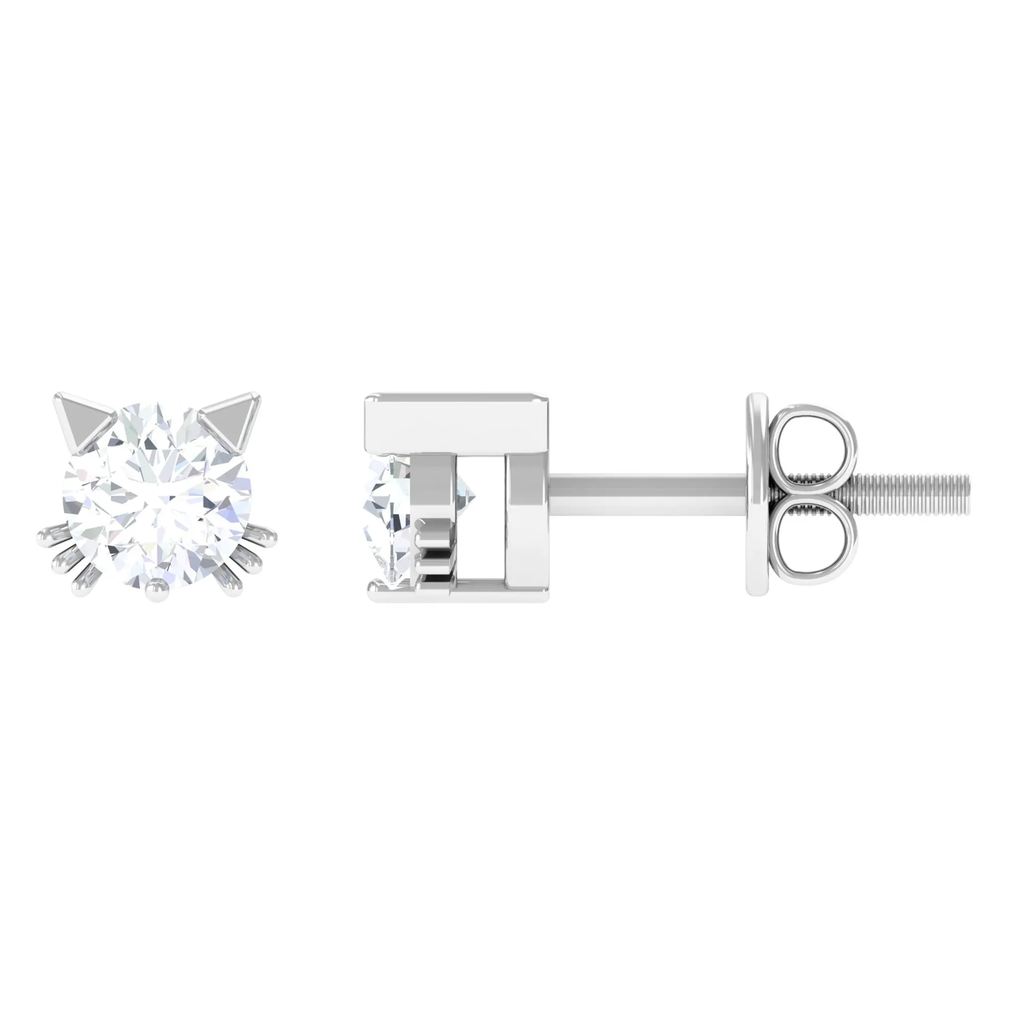Round Real Diamond Cat Stud Earrings