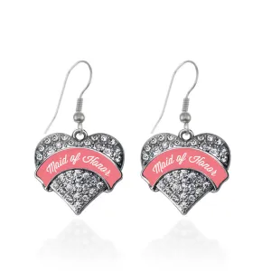 Silver Coral Maid of Honor Pave Heart Charm Dangle Earrings