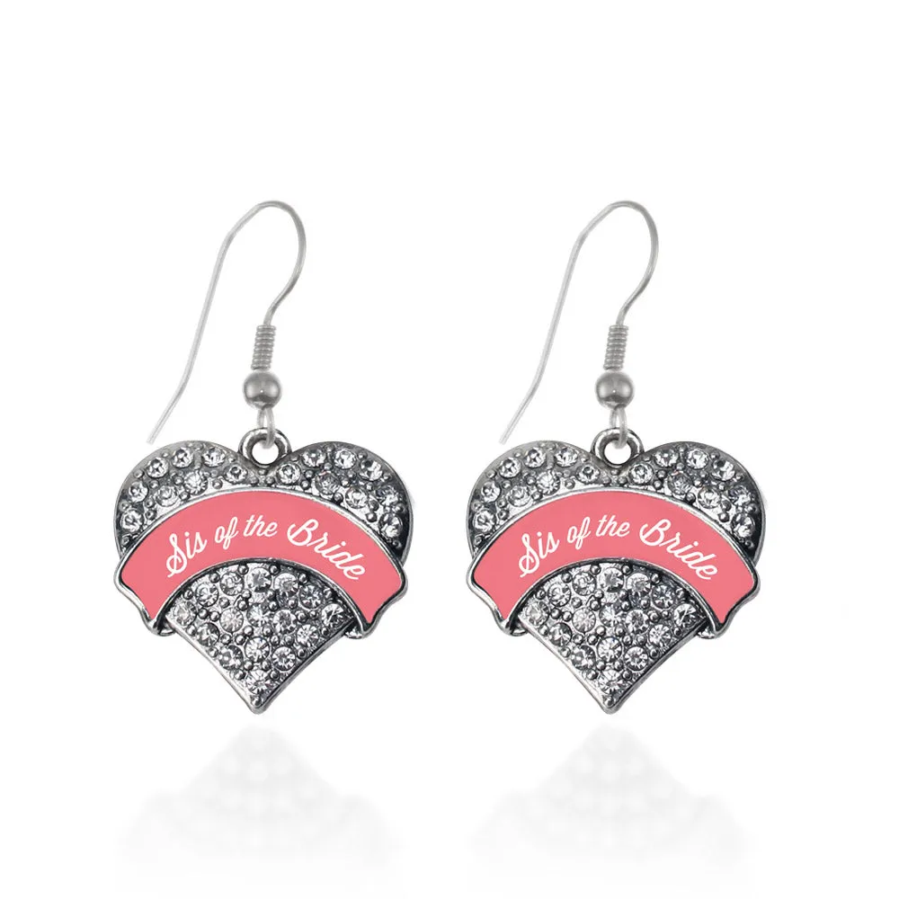 Silver Coral Sis of Bride Pave Heart Charm Dangle Earrings