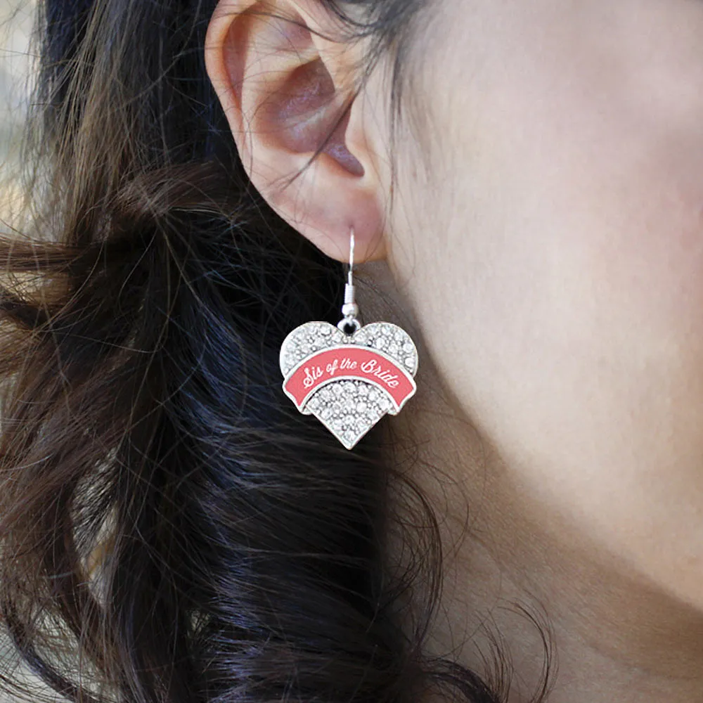 Silver Coral Sis of Bride Pave Heart Charm Dangle Earrings