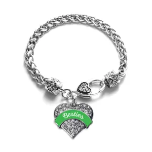 Silver Emerald Green Besties Pave Heart Charm Braided Bracelet