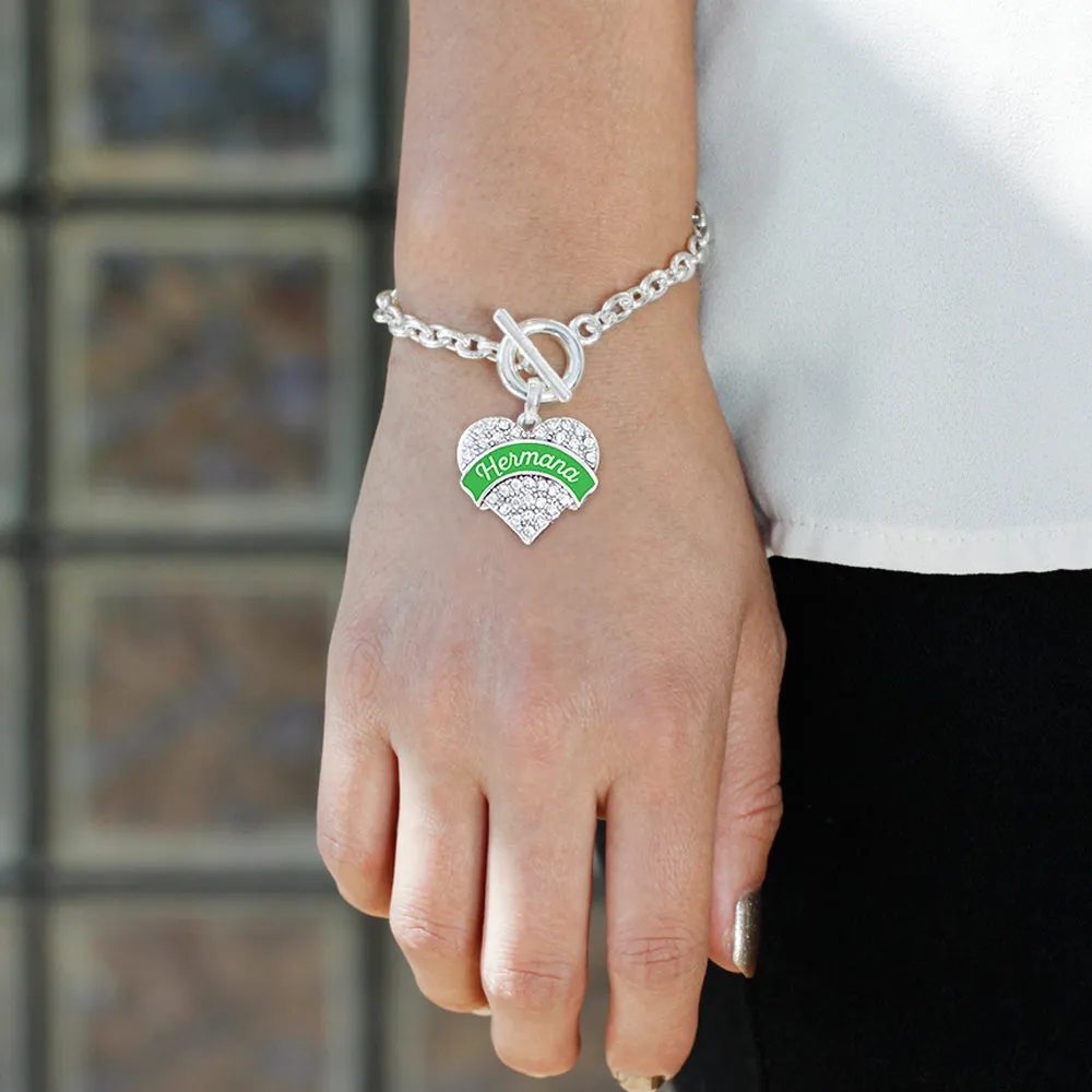 Silver Hermana - Emerald Green Pave Heart Charm Toggle Bracelet