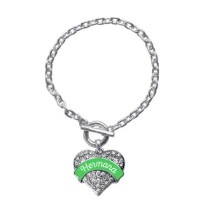 Silver Hermana - Emerald Green Pave Heart Charm Toggle Bracelet