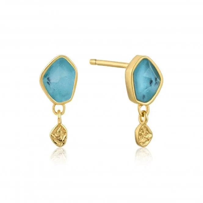 Silver Shiny Gold Plated Turquoise Drop Stud Earrings E014-01G