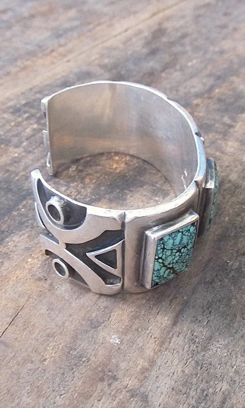 SPIDER WEB 1990s Saville Chunky 94g Sterling & Turquoise Cuff