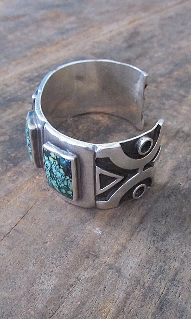SPIDER WEB 1990s Saville Chunky 94g Sterling & Turquoise Cuff