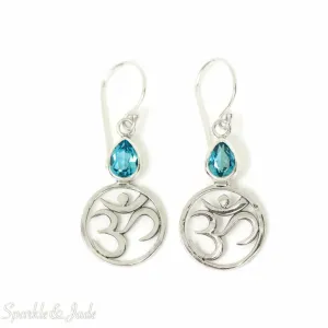 Sterling Silver Blue Topaz Pear Om Symbol Dangle Earring