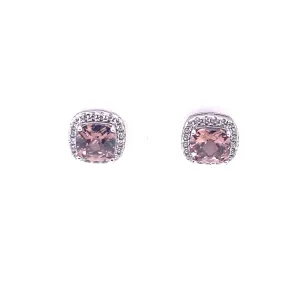 Sterling Silver Champagne Topaz Square Halo Stud Earrings