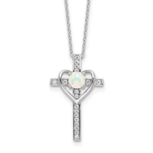 Sterling Silver Created Opal and CZ Cross with Heart Necklace