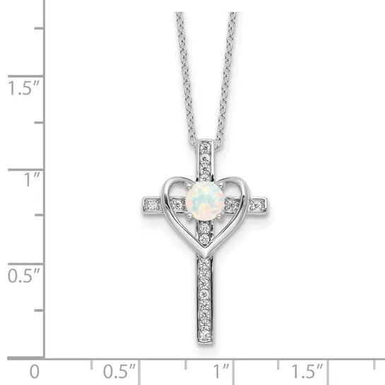 Sterling Silver Created Opal and CZ Cross with Heart Necklace