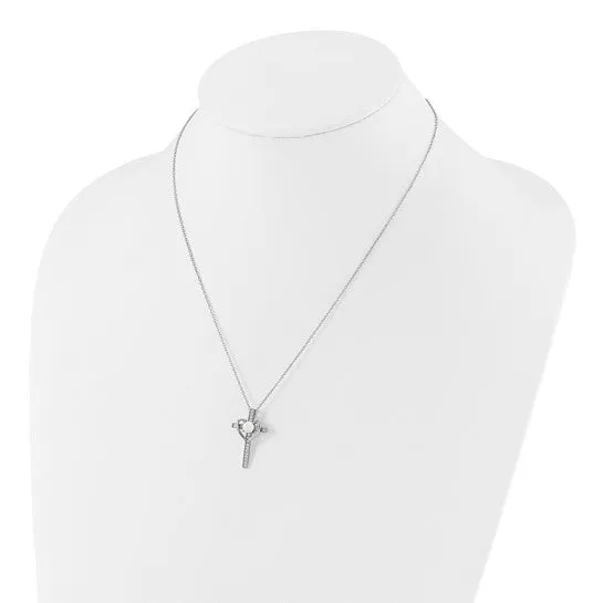Sterling Silver Created Opal and CZ Cross with Heart Necklace